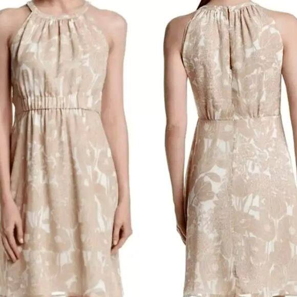 TOMMY HILFIGER Size 16 beige cream floral chiffon lined sleeveless halter dress - Picture 1 of 11